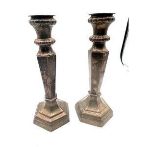 Vintage Pottery Barn Silver Candle Stick‎ Holders Hexagon Heavy Set 9.5 Inches